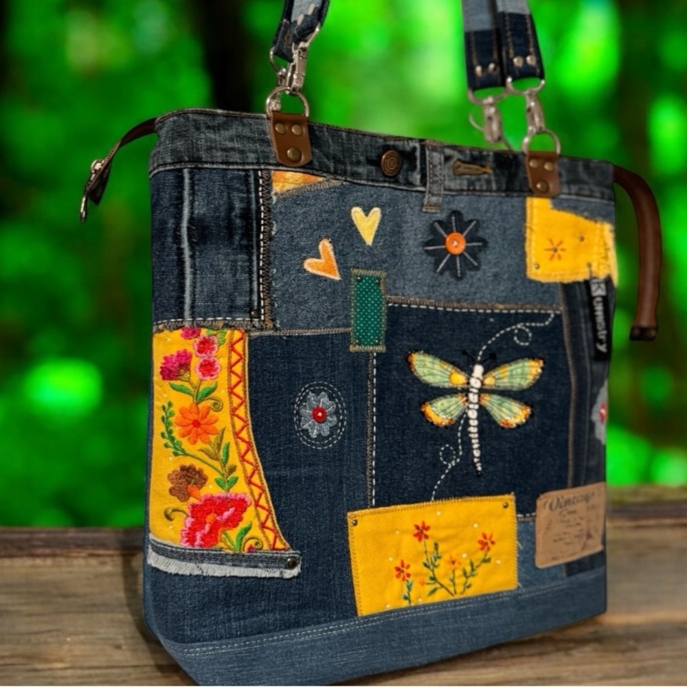 Handmade Upcycled Denim Tote Bag – Dragonfly & Patchwork Design - Picture 9 of 15